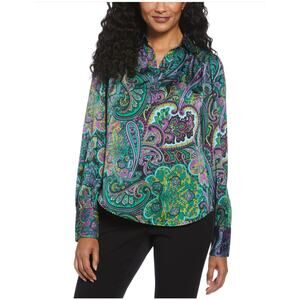 Rafaella Women's XXL Paisley Print Shine Satin Blouse Colorful Rainbow Indie